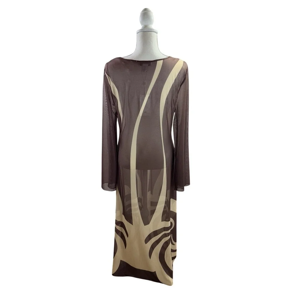 Caroline Constas Sheer Mesh Cover Up Maxi Dress Brown Cream Large NWT